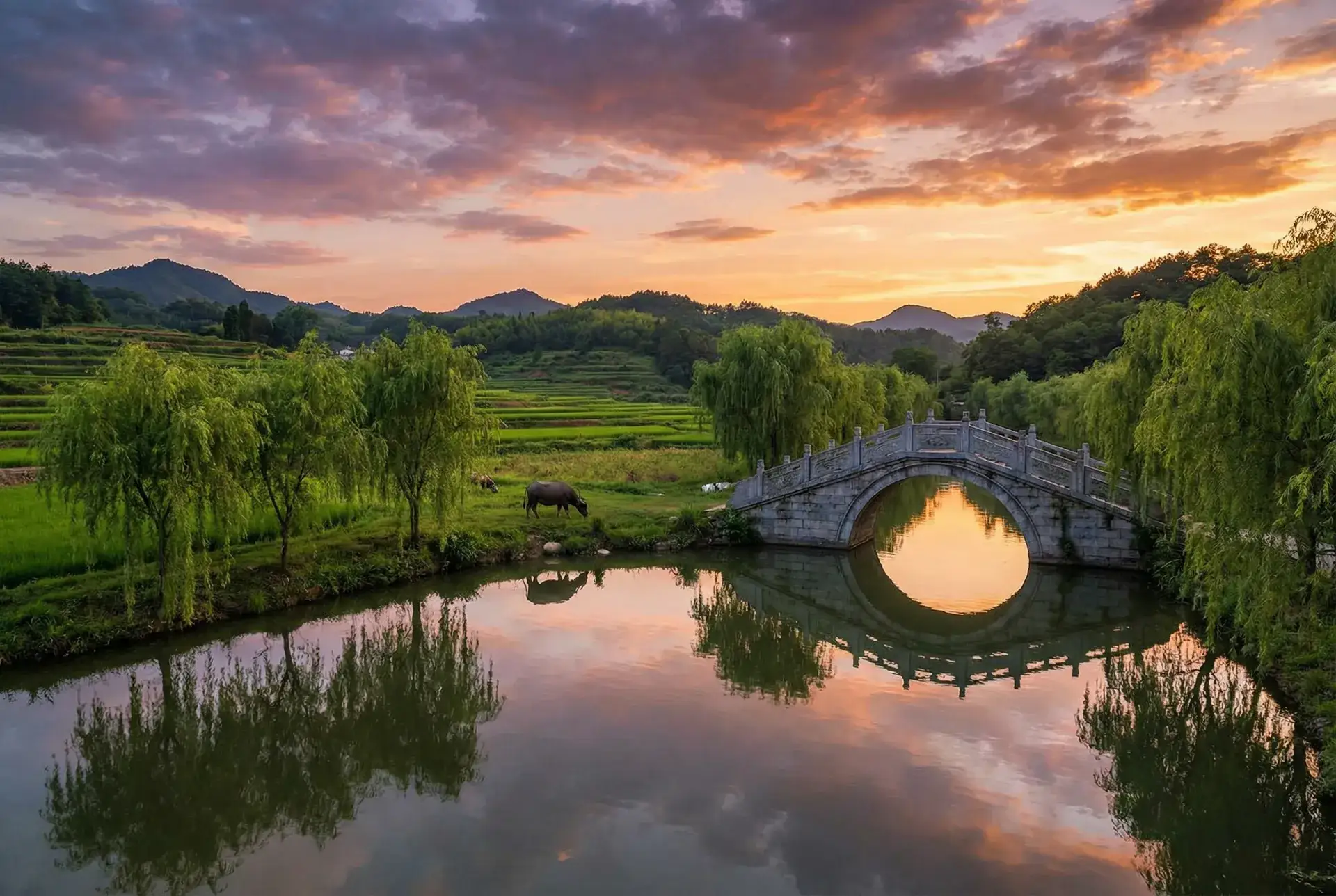 夕阳下的石拱桥与垂柳，水牛在河边吃草 - 在御花园进入太子妃TXT 乡村美景